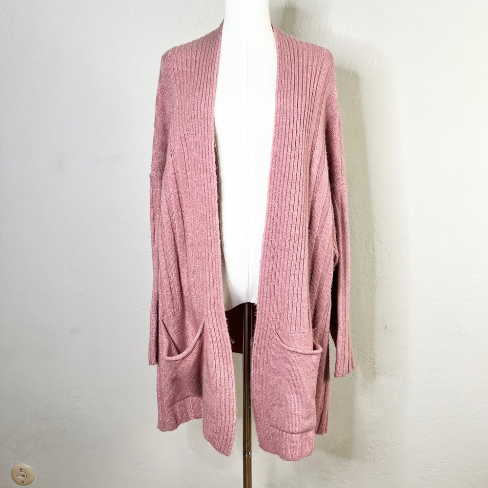 TOPSHOP Ribbed Knit Longline Cardigan Sweater Dusty Rose Pink Pockets Size‎ 8